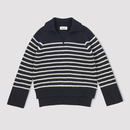 Navy and cream stripe long sleeve jumper with polo collar neck on a white background