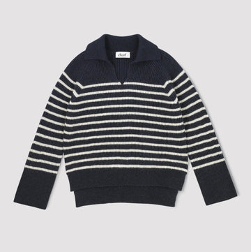 Navy and cream stripe long sleeve jumper with polo collar neck on a white background