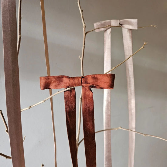 Brown ribbon tied to a branch against a neutral background