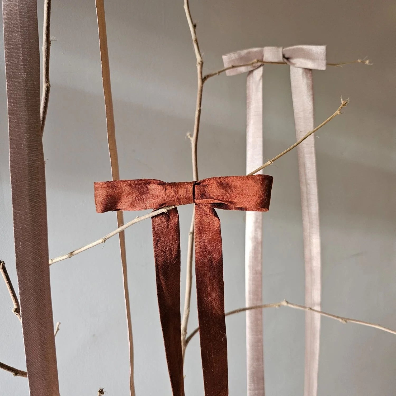 Brown ribbon tied to a branch against a neutral background