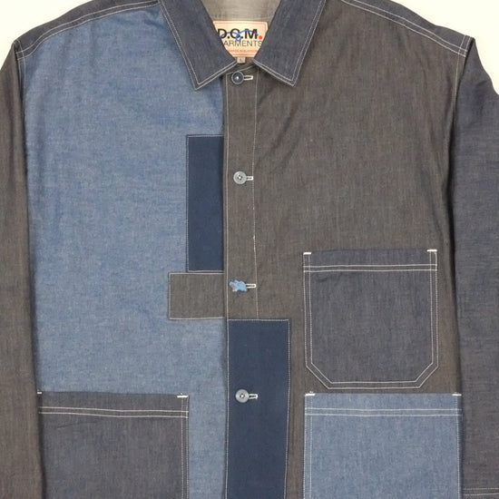 a patchwork denim jacket on a white background 