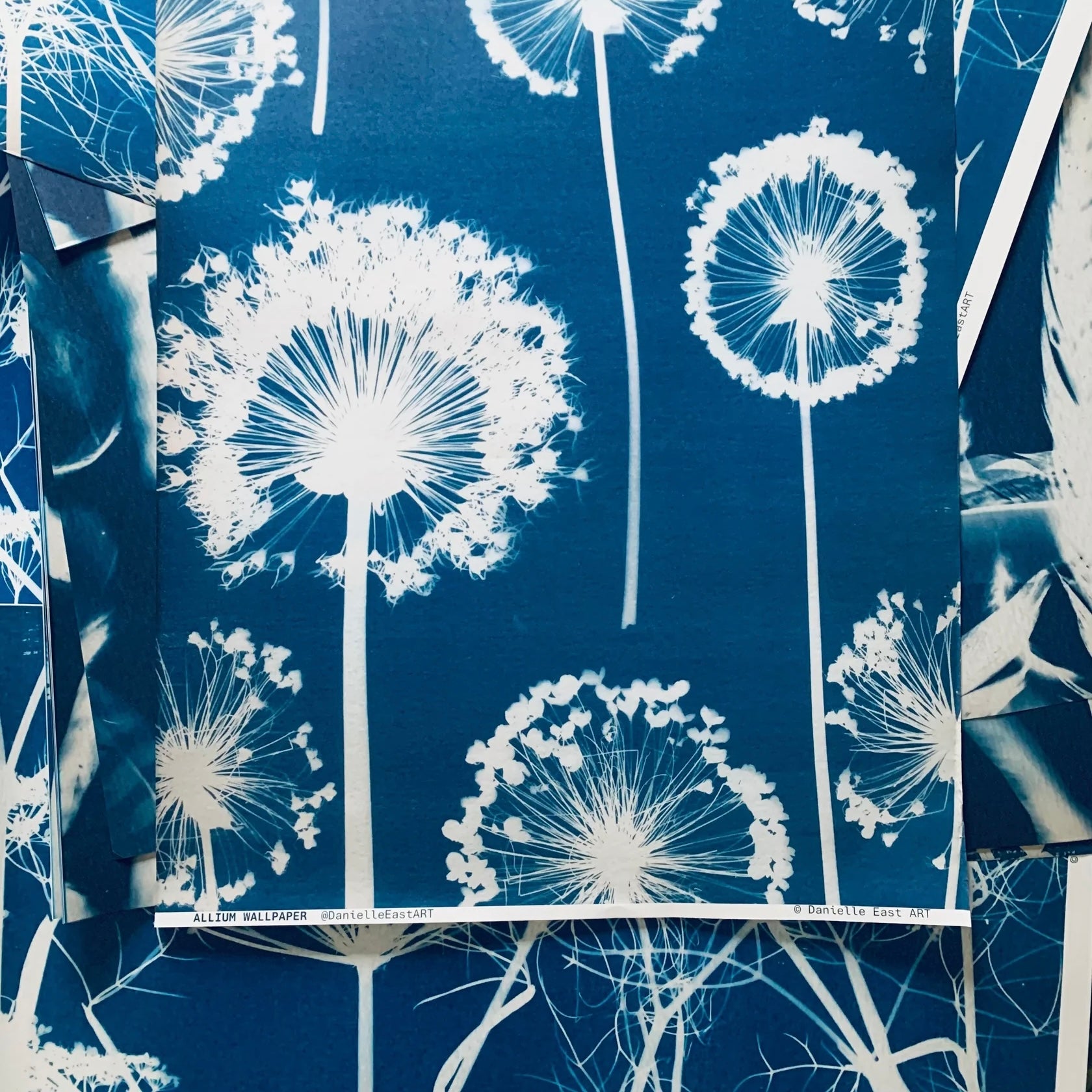 Wallpaper with white dandelion designs on a blue background
