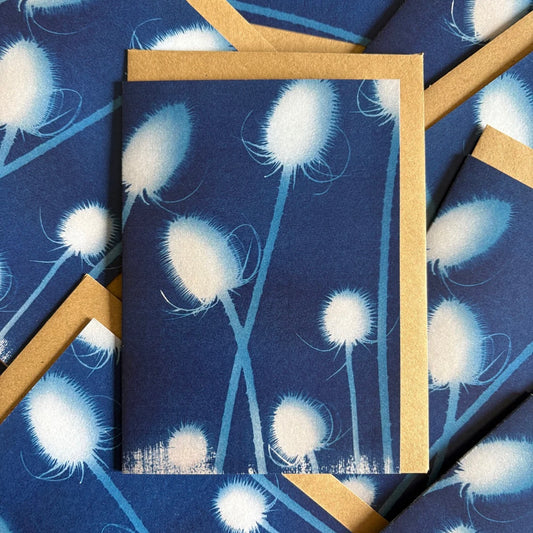 Greeting card with white floral teasel design on a blue background with a brown envelope tucked behind, surrounded by matching cards with envelopes