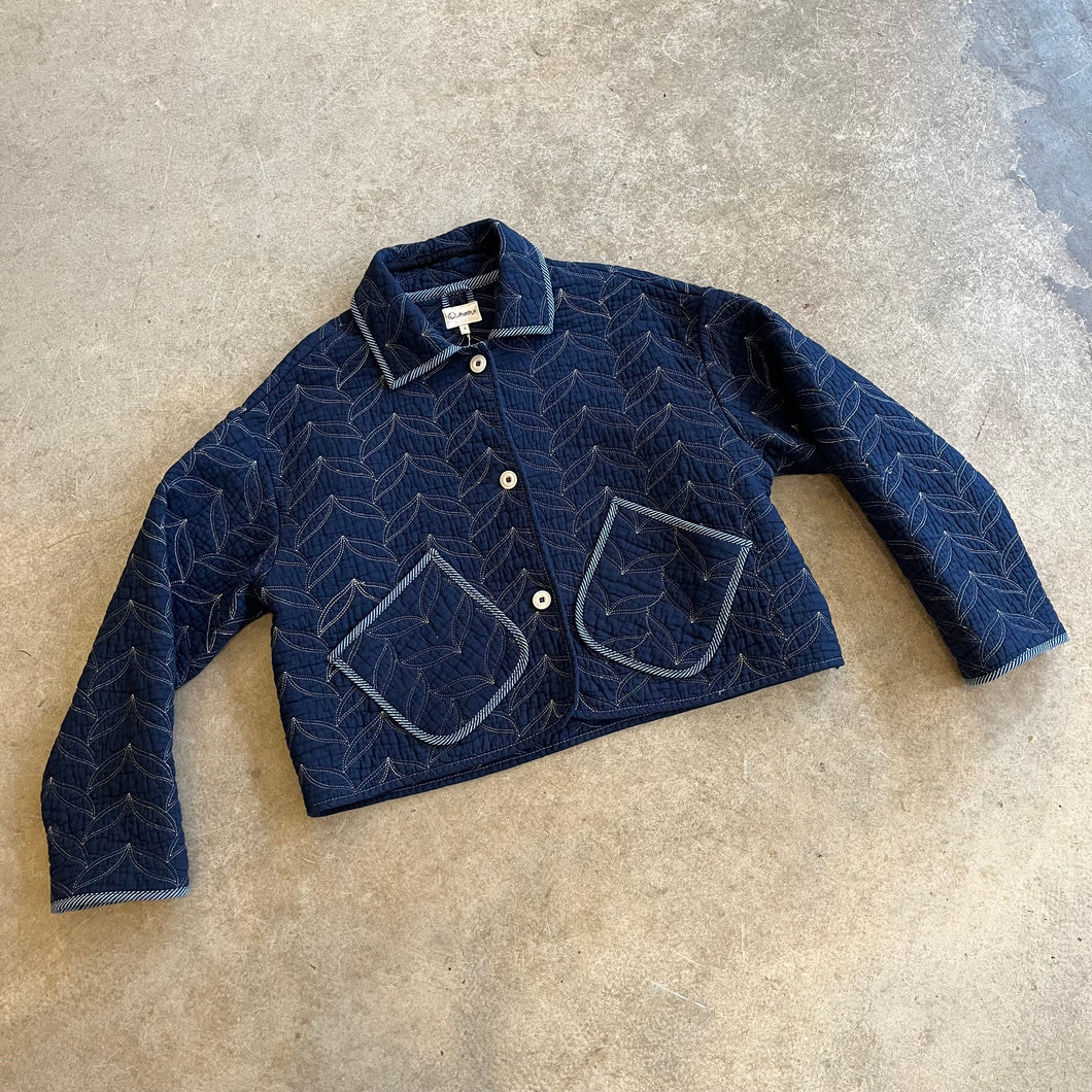 O Moon - Collared Quilted Beadspread Jacket In Indigo Blue