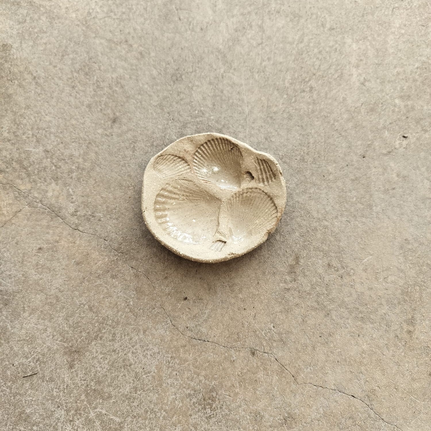 Single shell ceramic dish on a textured beige surface