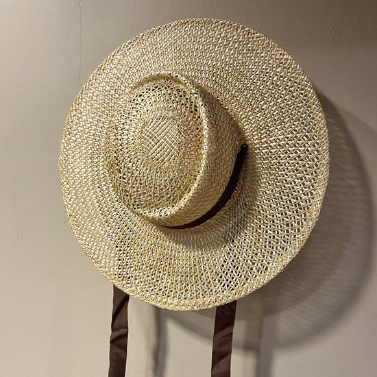 Beige straw hat on a stand against a plain wall