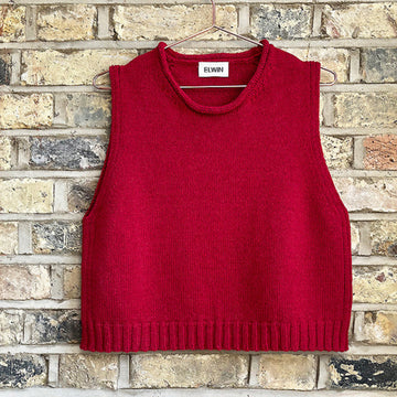 Red sweater vest on a hanger against a brick wall