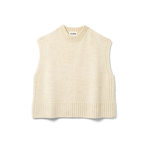 British cream wool knitted vest with a crew neck in a boxy fit on a white background