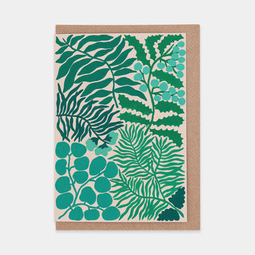 Greeting card with green leaf pattern on a brown envelope