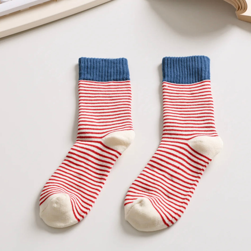Happy Knits - Striped Cotton Blend Socks In Red, Beige And Blue