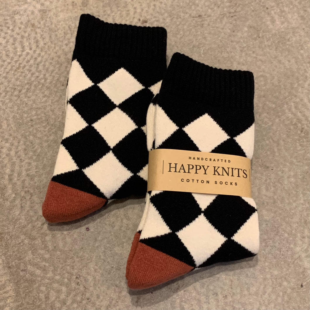 Happy Knits - Harlequin Cotton Socks In Black Beige and Rust