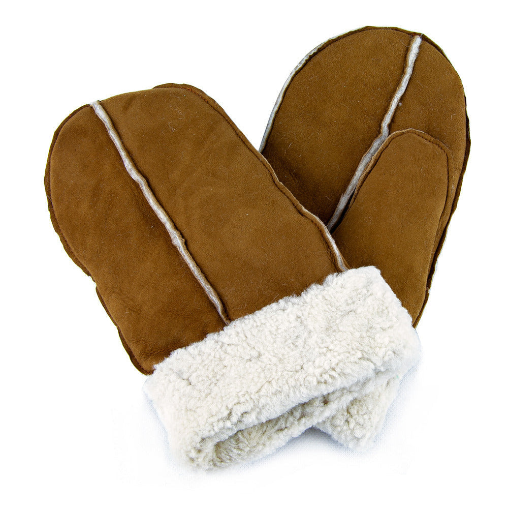 tan sheepskin gloves on a white background 