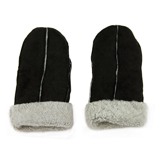 Black sheepskin mittens on a white background 