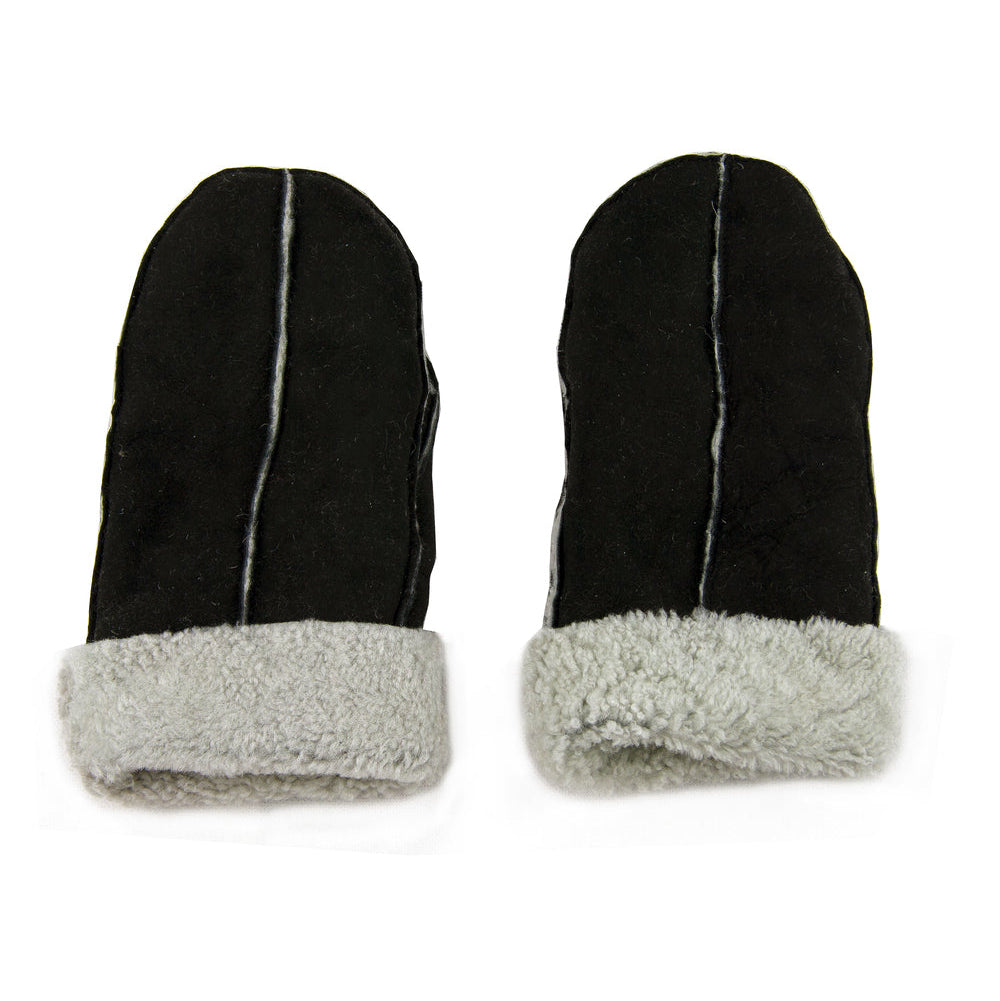 Black sheepskin mittens on a white background 