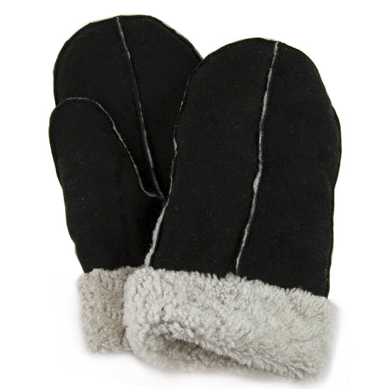 black sheepskin mittens on a white background 