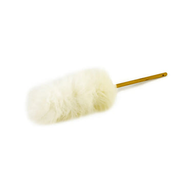 White lambswool duster with a wooden handle on a white background