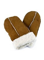 Pair of brown suede mitten with white fur lining on a white background