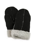 Pair of black mittens with gray cuffs on a white background
