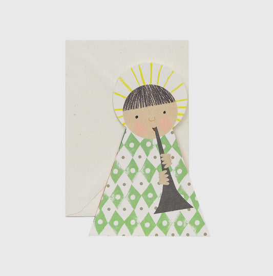 Greeting card with an illustration of a child playing a flute on a white background