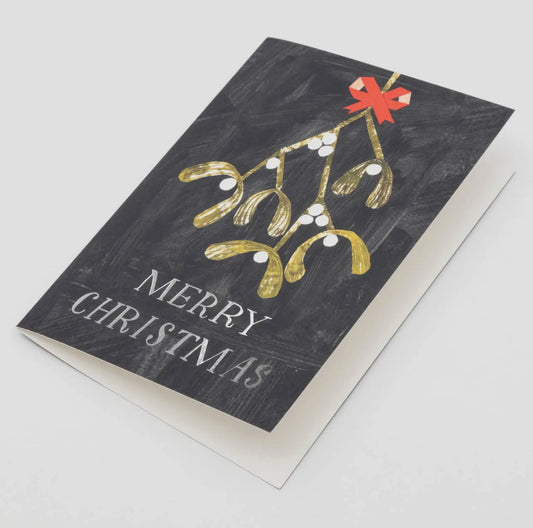 Christmas card with gold mistletoe and red bow on a black background with 'Merry Christmas' text.