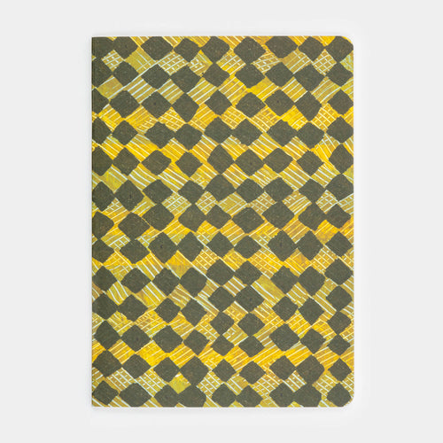 A5 sketchbook with a geometric diamond pattern in yellow and black on the cover.