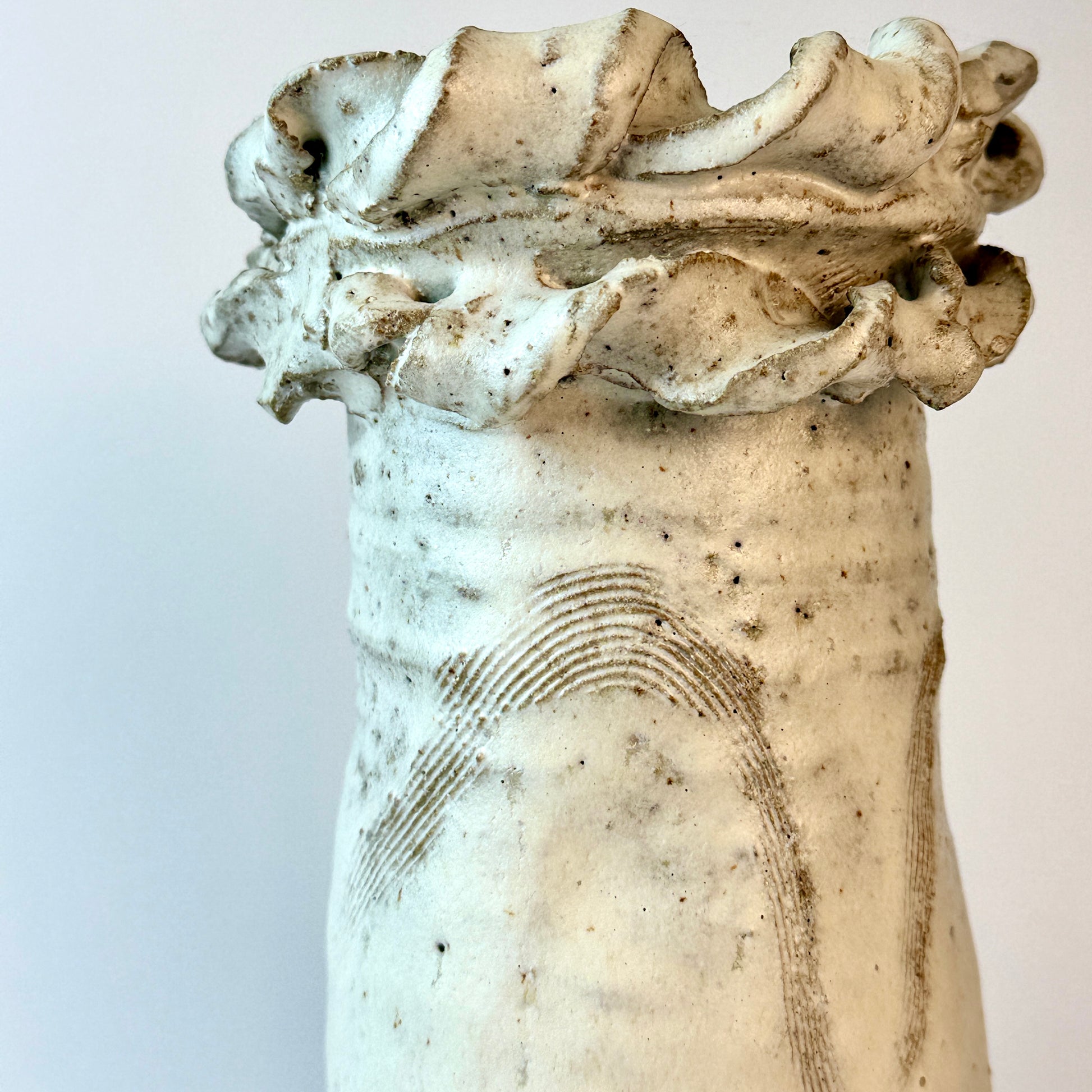 Ceramic vase with decorative top on a light gray background