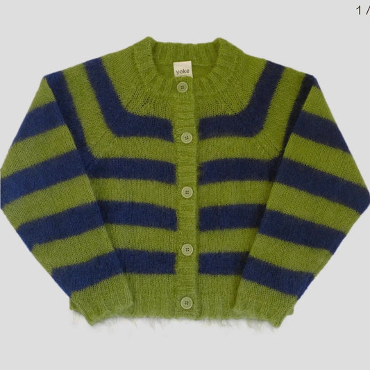 Yoke Studios - Mohair Cara Cardigan in Green And Navy Stripe