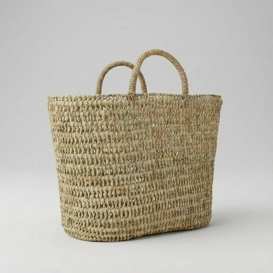 Straw Market Basket With Woven Handles