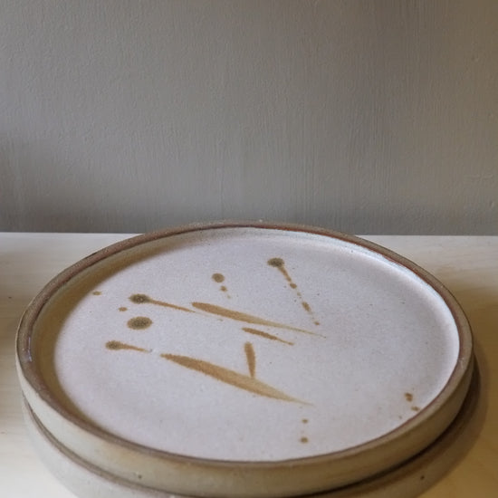 Close-up of a ceramic plate with a signature on a neutral background