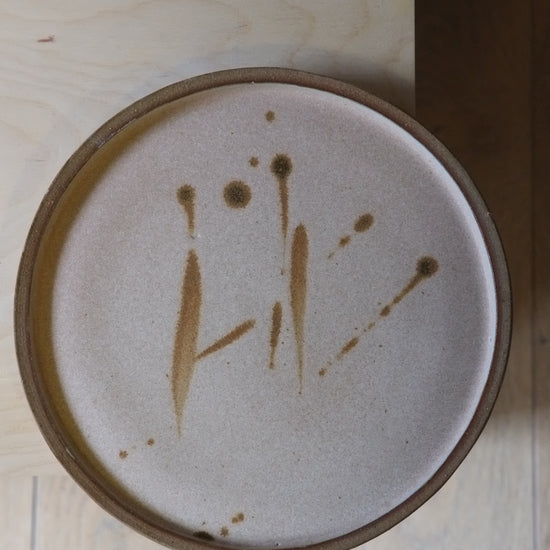 Ceramic plate with brown speckles on a wooden surface