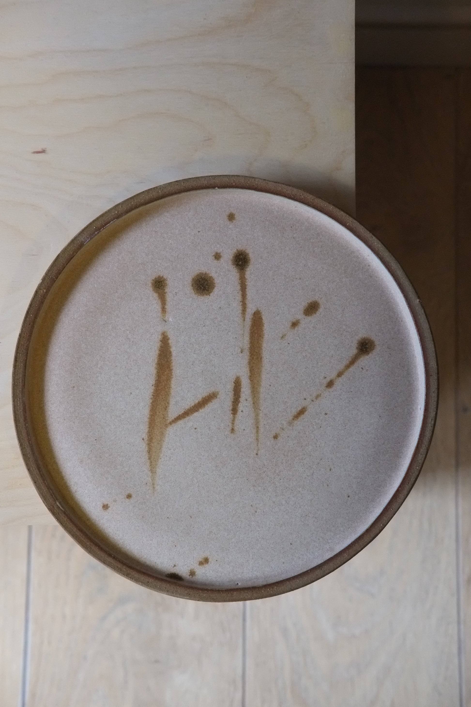 Ceramic plate with brown speckles on a wooden surface