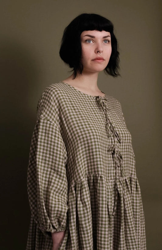 Nadinoo - Ribbon Tie Dress Blush Olive Linen