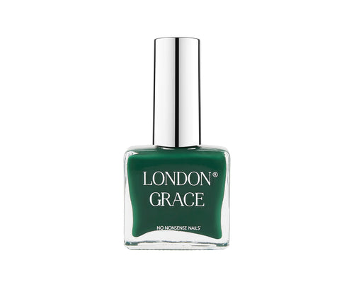 Green nail polish bottle with silver cap on a white background, featuring 'London Grace' branding.