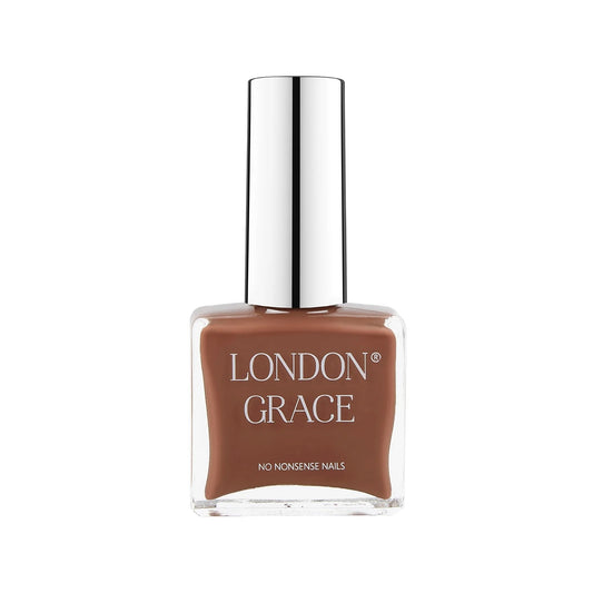 A bottle of London Grace mocha brown nail varnish with a silver cap.