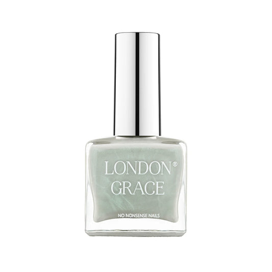 A bottle of London Grace nail varnish in a grey green color with an iridescent shimmer.