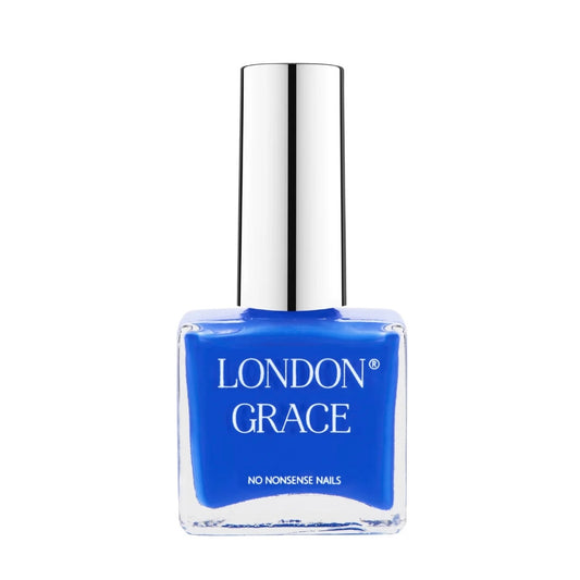 A bottle of London Grace brand nail varnish in a vibrant cobalt blue color, with a glossy and opaque finish.