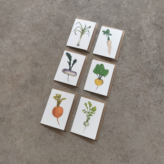 A collection of six A6 sized greeting cards with vegetable illustrations on each, laid out on a grey surface.