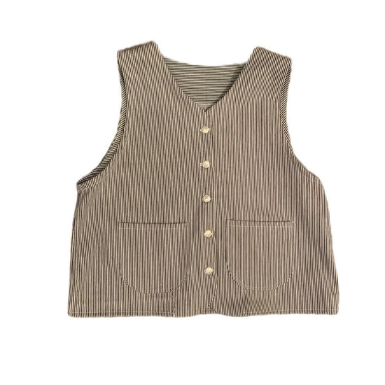 A sleeveless ribbed blue and white stripe colour, featuring a button-down front and two front patch pockets, shown flat on a white background.