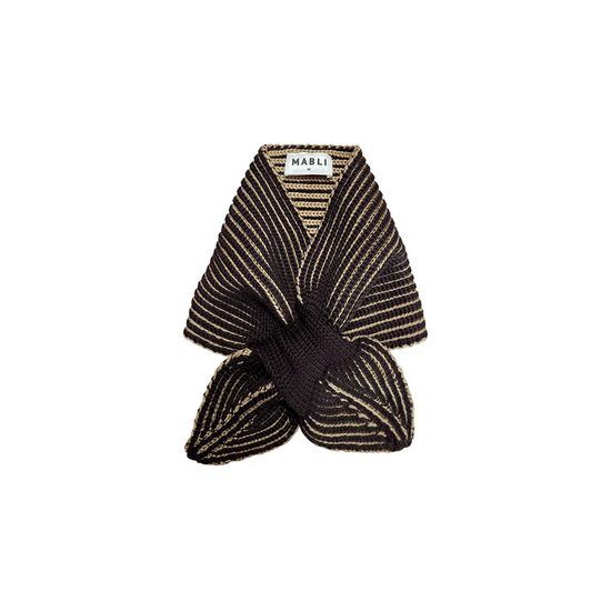 A folded knit scarf with a twisted knot detail, featuring a black and beige striped pattern, displayed on a solid white background.