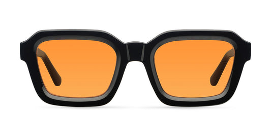 Sunglasses with black frames and orange lenses on a white background