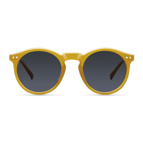 Yellow rounded sunglasses with dark lenses on a white background