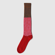 Load image into Gallery viewer, Three tone socksin pink, red and brown on a white background 
