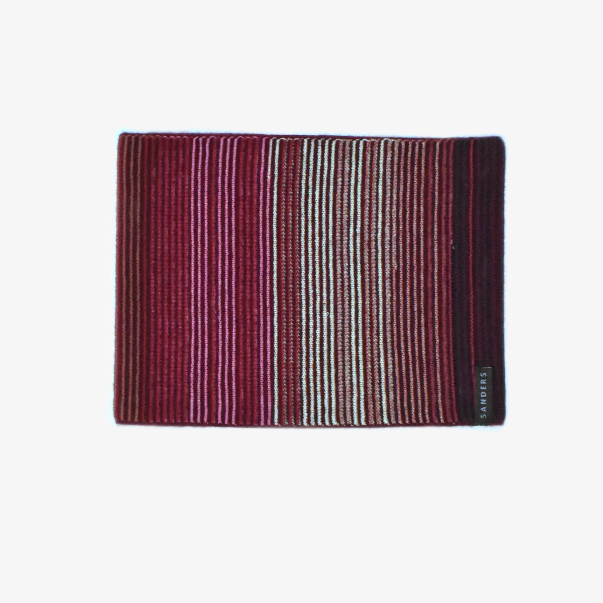 A striped cowl in red tones on a white background 