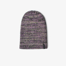 Load image into Gallery viewer, A knitted beanie in purple hues on a white background 

