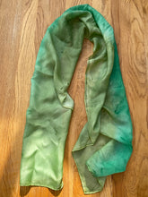 Load image into Gallery viewer, Long green silk scarf on wooden background
