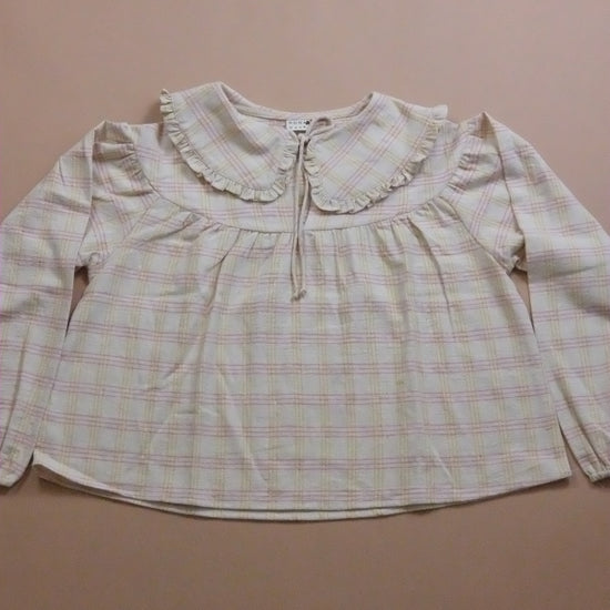 Plaid blouse with ruffled collar and tie neck on a beige background