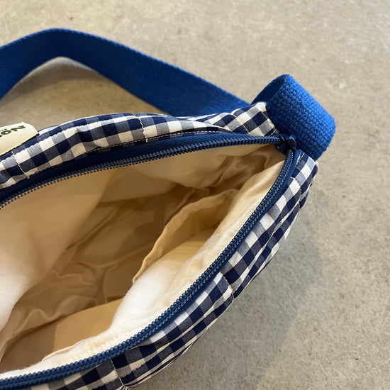 Close-up of a blue and white checkered bag with a beige interior on a neutral background