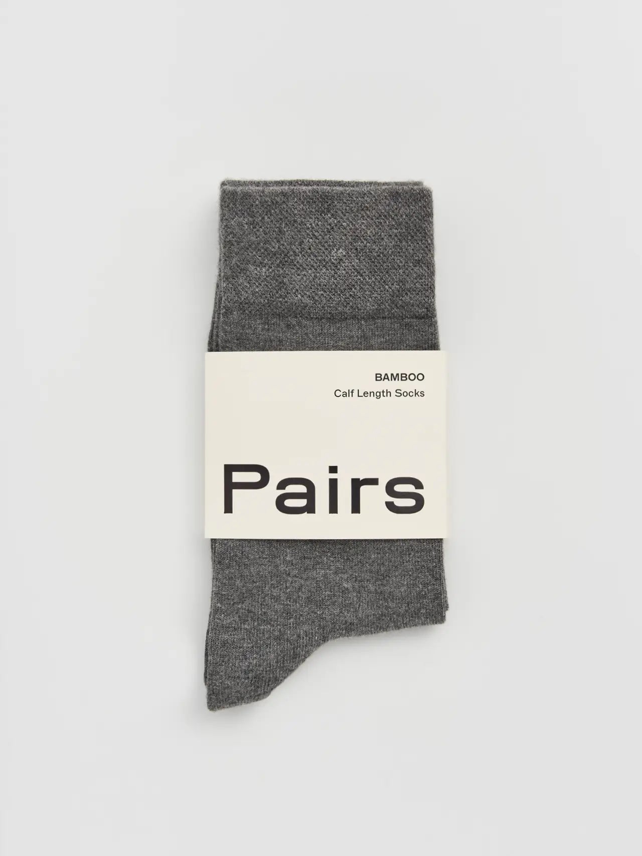 Grey sock with a 'Pairs' label on a light gray background