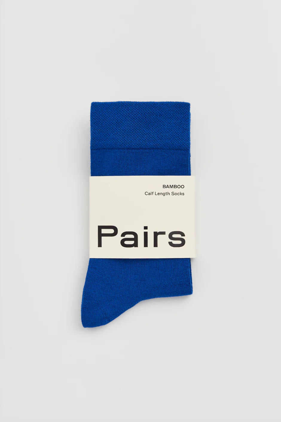 Blue sock with 'Pairs' label on a white background