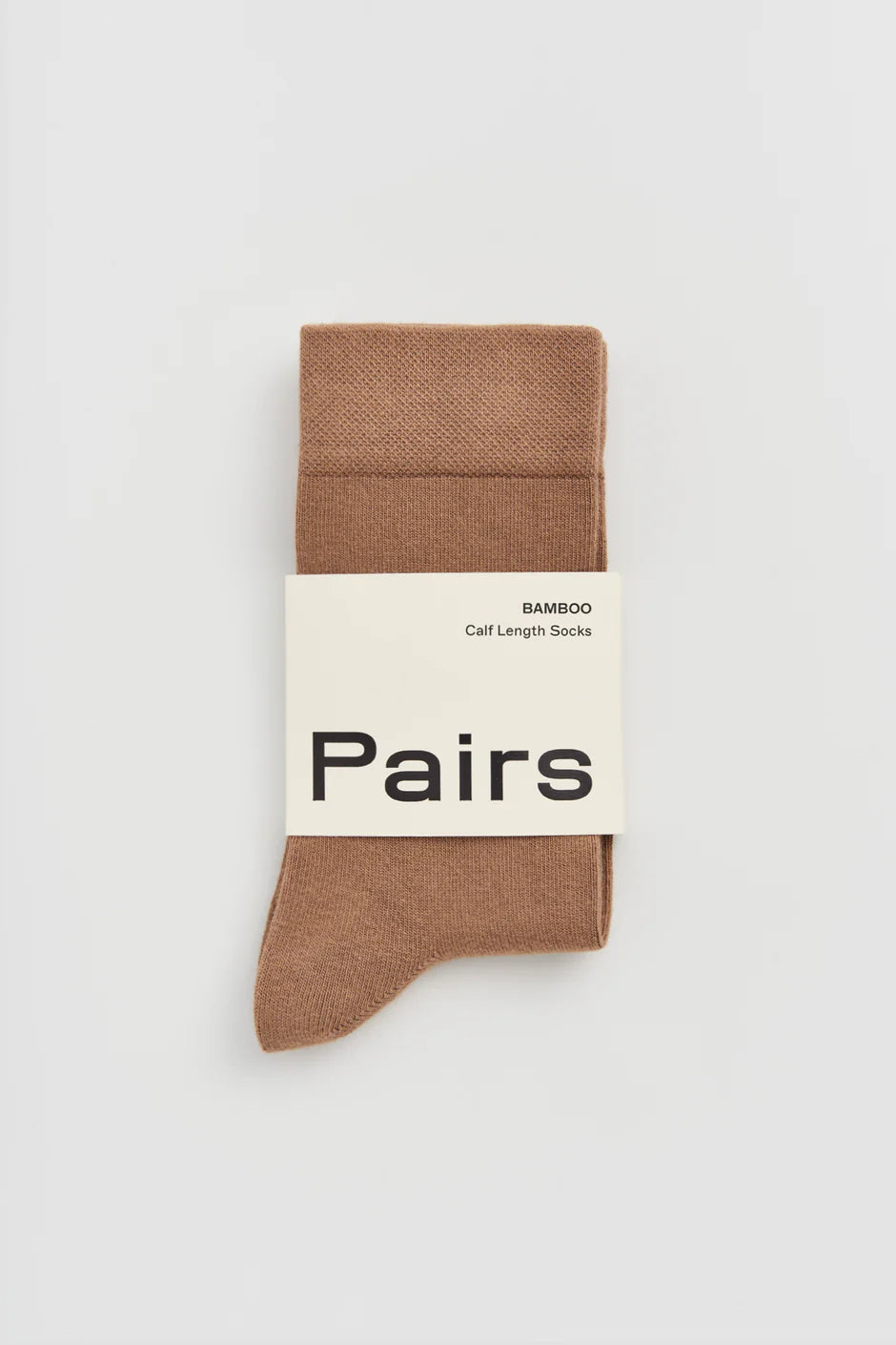 Beige sock with 'Pairs' label on a light grey background